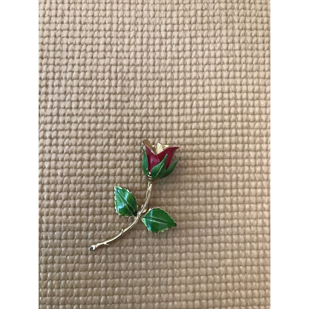 Vintage Rose Brooch Pin Goldtone & Painted Enamel Red Green Leaves Christmas
